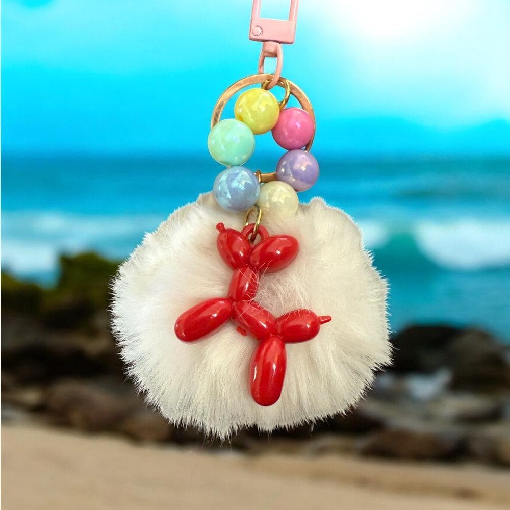 Colorful Balloon Dog Keychain with Fluffy White Pom Pom